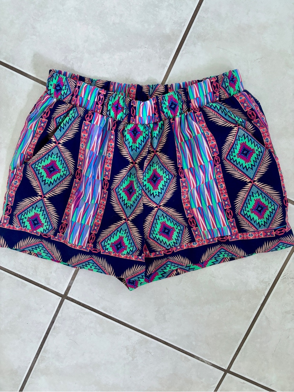 Pink Rose Navy Printed Elastic-Waist Athletic Shorts with Teal & Pink Accents